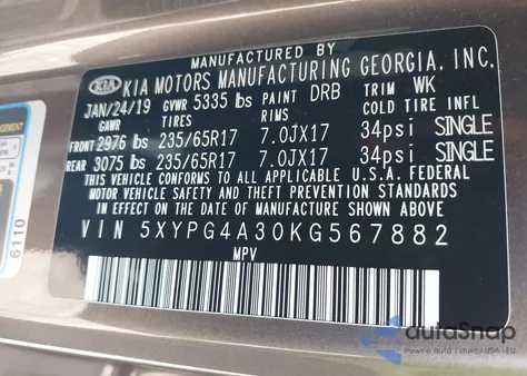 2019 Kia Sorento 2.4L Lx from USA, damaged, VIN 5XYPG4A30KG567882